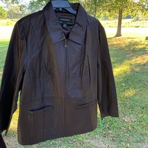 Brown Leather coat. Zip front